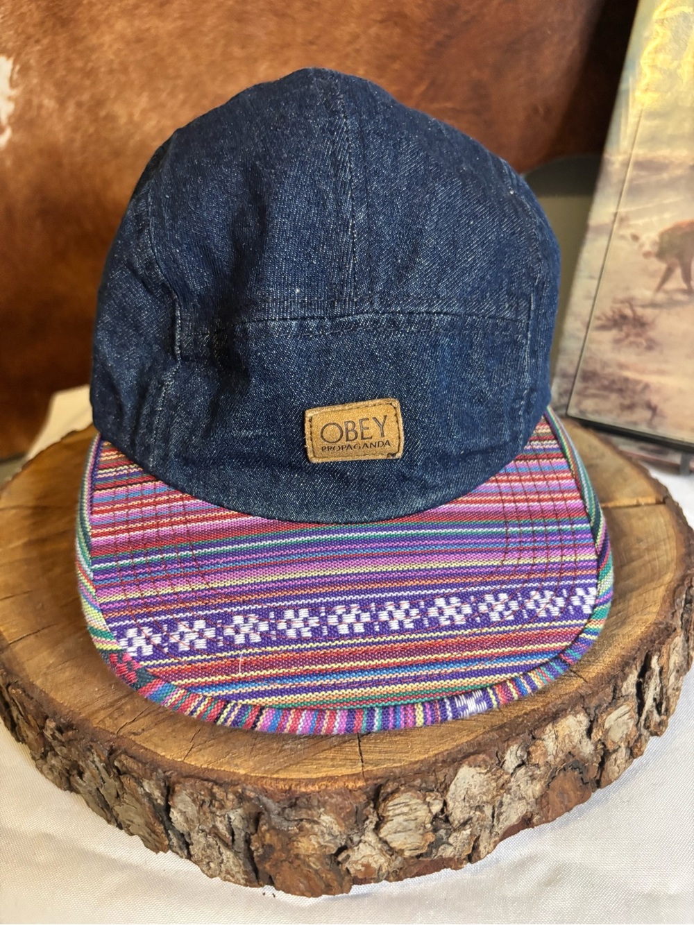 Obey Propaganda Denim 5 Panel Hat | Aztec Print Brim Strapback Cap | Surf Skate